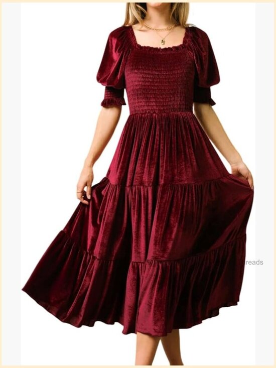 Dresses & Skirts - Women's Velvet Midi Dress Puff Sleeve Square Neck Smocked Tiered Ruffle A-Line